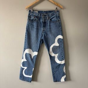 Levi's 501 Premium Medium Blue Cropped Jeans with White Cloud Prints